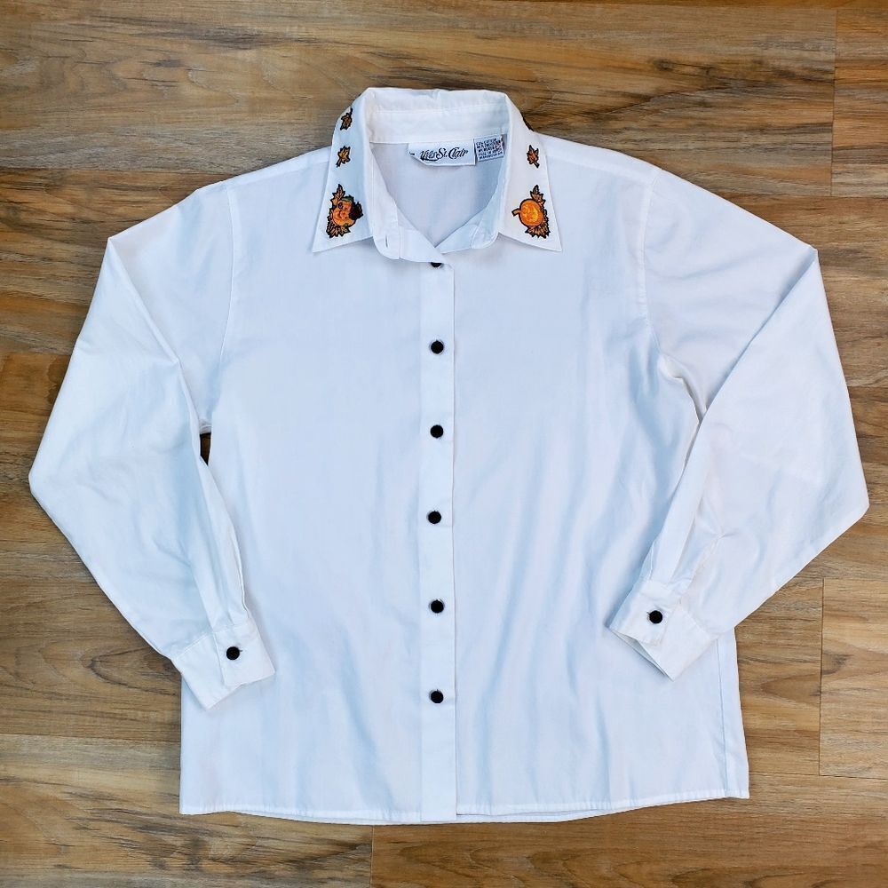🍑Vintage Yves St. Claire White Fall Embroidered Collar Long Sleeve Top Size 10